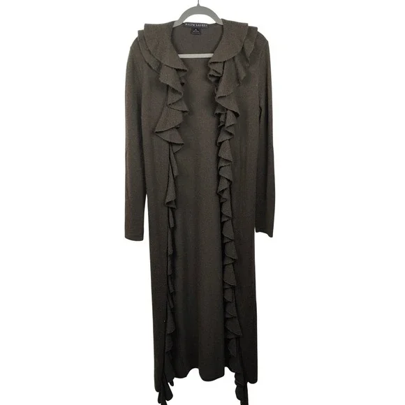 Ralph Lauren Black Label Cashmere Ruffle Duster Cardigan Womens Medium FLAWED - Picture 2 of 13
